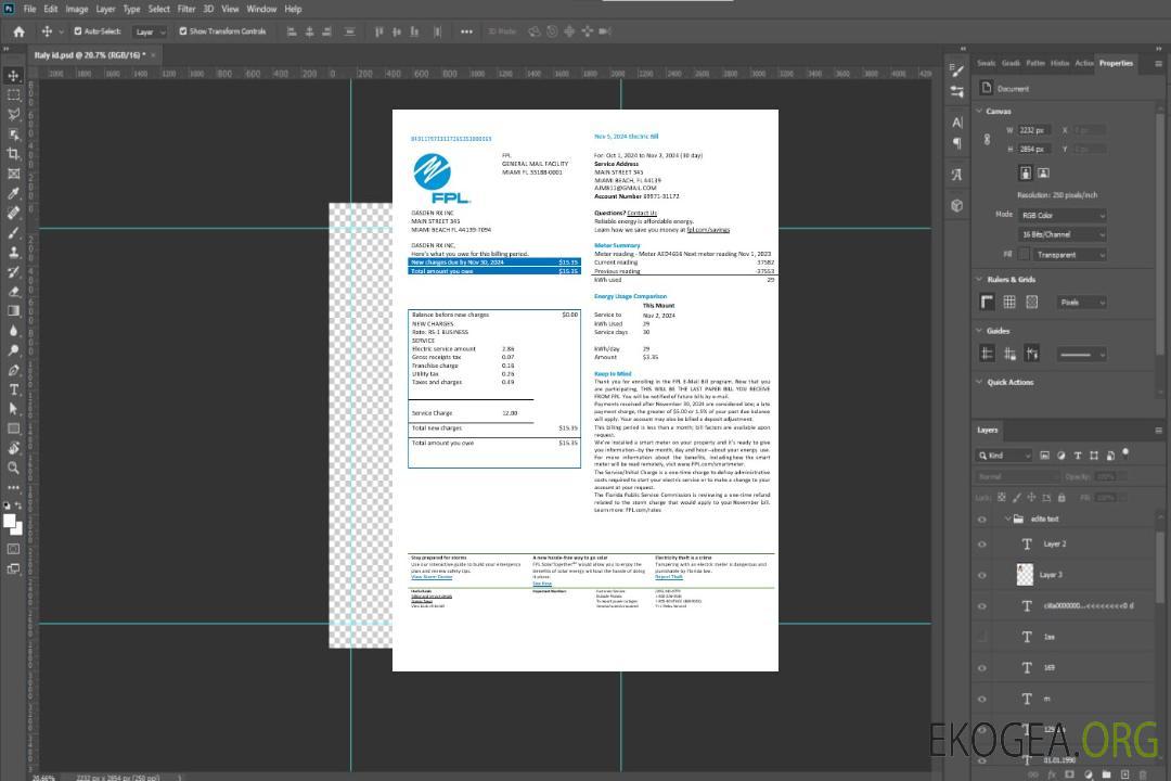 États-Unis Floride FPL facture de services publics pour les entreprises d'électricité Formats Word et PDF, version 2 template